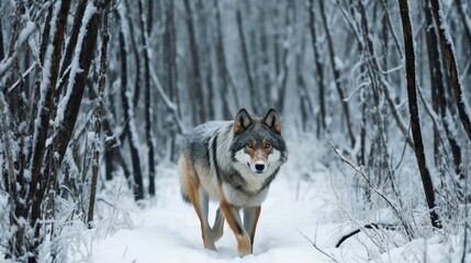 A lone wolf traversing a snowy, silent forest
