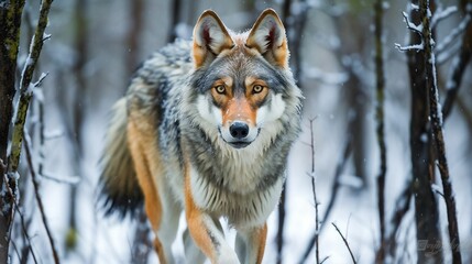 Fototapeta premium A lone wolf traversing a snowy, silent forest 