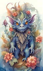 Fototapeta na wymiar watercolor illustration, Dragon, monster theme, cartoon drawing, very cute, print for background,