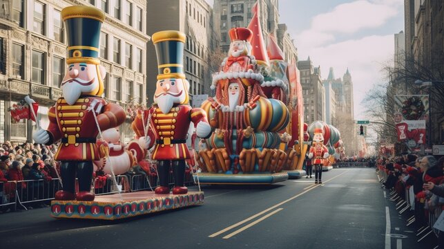 A joyful holiday parade in the street of city 