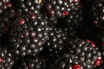 Wet tasty ripe blackberries as background ,closeup
