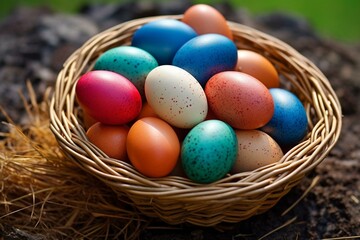 Colorful eggs in a basket / Search for eggs in the backyard. Generative AI