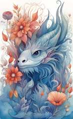 watercolor illustration, Dragon, monster theme, cartoon drawing, very cute, print for background,