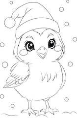 Coloring page a bird wearing tiny Santa hats.