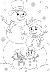 Coloring page a snowman family. Christmas coloring book