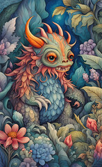 Obraz na płótnie Canvas watercolor illustration, Dragon, monster theme, cartoon drawing, very cute, print for background,