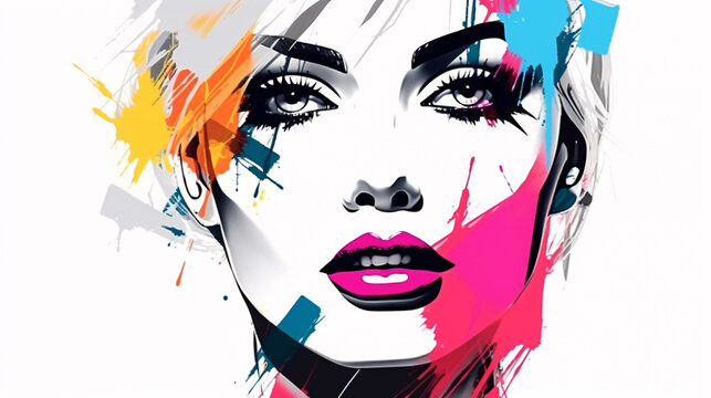 portrait of woman's face in abstract modern art style depicting makeup, fashion and beauty