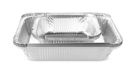 Many different aluminum foil containers isolated on white