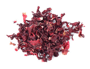 Pile of dry hibiscus tea isolated on white, top view