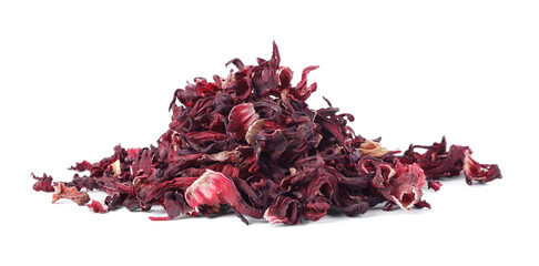Pile of dry hibiscus tea isolated on white
