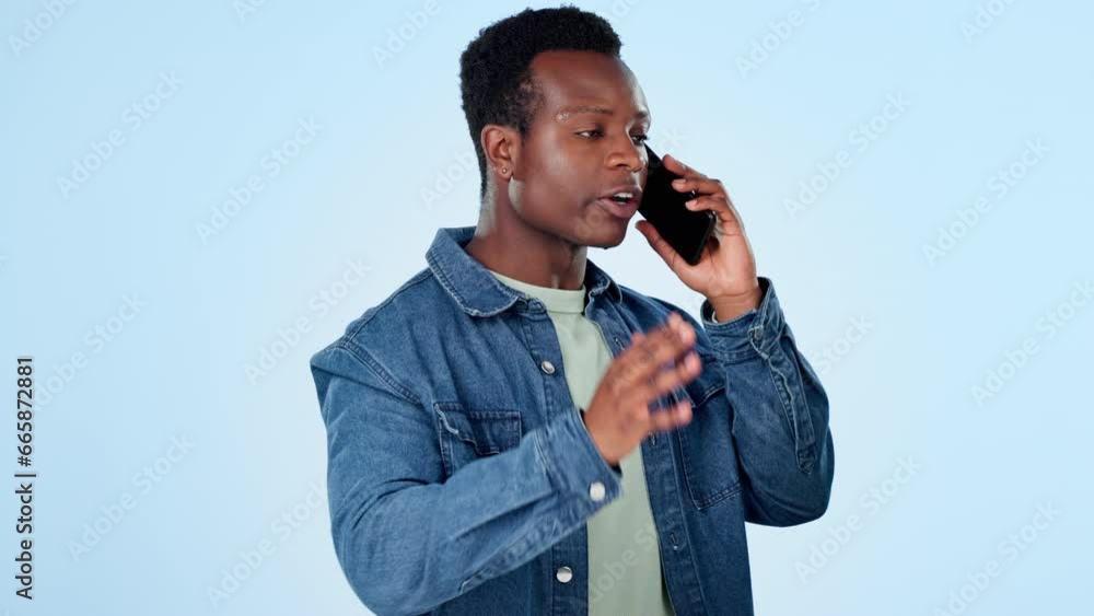 Poster man, angry and shouting with cellphone, conversation and call for communication, report or upset. fr