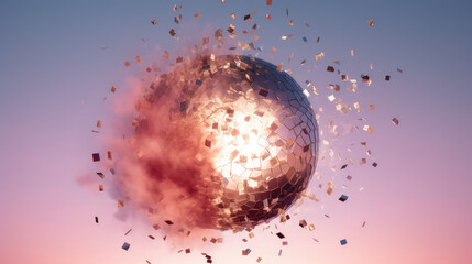 Exploding disco ball in the air with pastel background