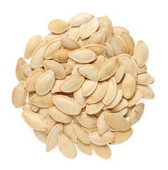 Heap of pumpkin seeds isolated on white, top view