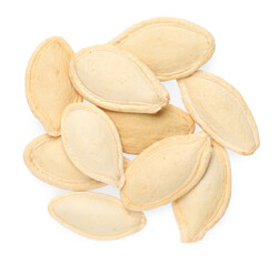 Dry pumpkin seeds isolated on white, top view