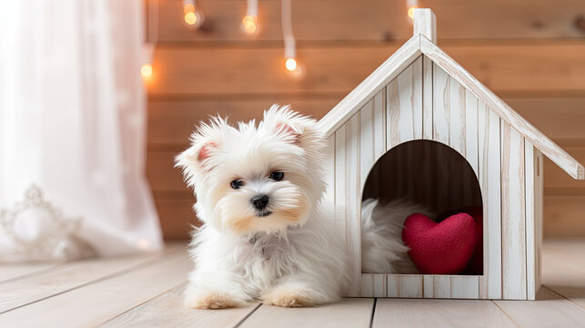 A puppy with his doghouse