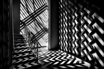 interplay of geometric patterns: exploring the dance of light and shadow in black and white photography. Generative AI