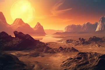 Sunrise over extraterrestrial world. Futuristic landscape. Generative AI