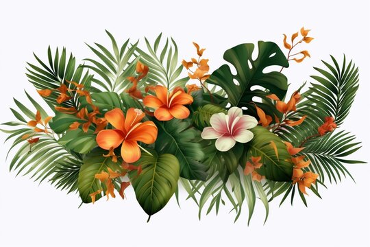 Floral foliage arrangement with tropical leaves and plants on transparent background. Generative AI
