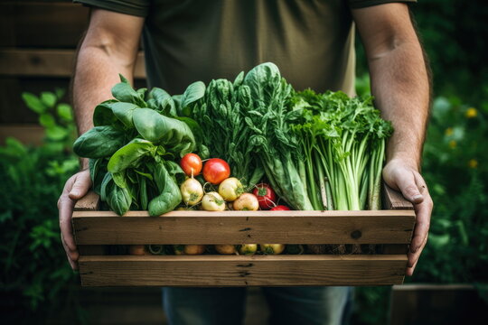 Farmer Hands and Vegetables in Greenhouse - Sustainable Agriculture and Food Harvest in a Wood Storage Cart, Ideal for Supply Chain Business, NGOs, and Nonprofits Promoting Sustainability