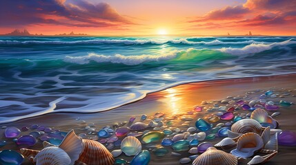 seascape shells sunset background crystals furry colors refraction white sparkles sunlight beams floating stones tilework seashore - obrazy, fototapety, plakaty