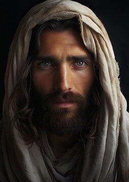 man beard scarf head portrait jesus christ young trustworthy eyes adult city warrior spirituality white robes roots thorns full view face body hope