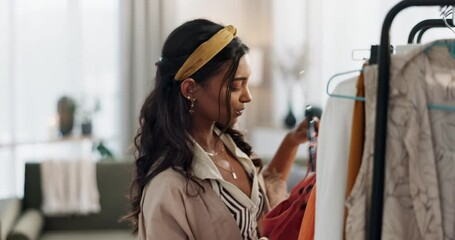 Fashion, shopping and woman with luxury, retail and decision with budget, thinking and customer. Person, client and girl with fabric, clothes and store with discount, sale and promotion with boutique - Powered by Adobe