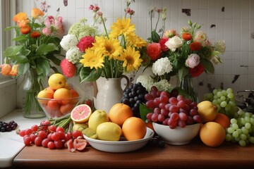 fruits and flowers on kitchen counter. Generative AI