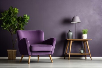 Inviting contemporary living space with purple armchair and decor against a purple or white wall. Generative AI