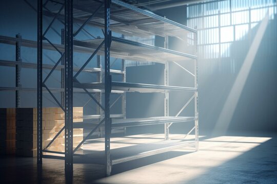 Warehouse stacker with load between shelves in daylight, rendered in 3D. Generative AI