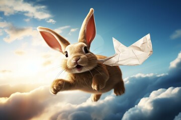 Artistic depiction of a rabbit soaring through the air on a paper airplane. Generative AI