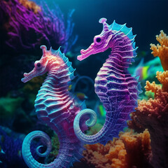Fototapeta na wymiar Seahorses Amidst Reef Wonders, Dive into the mesmerizing world of the ocean with this stunning image featuring colorful seahorses. Illustration, AI Generative, Midjourney.