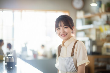 カフェで働く笑顔の若い女性店員 - obrazy, fototapety, plakaty