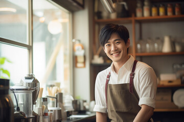 カフェで働く笑顔の若い男性店員