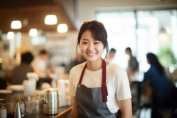 カフェで働く笑顔の若い女性店員