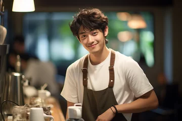 Foto op Plexiglas カフェで働く笑顔の若い男性店員 © Kinapi