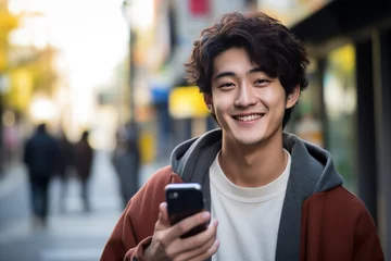 Fotobehang 街中でスマホを手に持つ笑顔の若い男性 © Kinapi