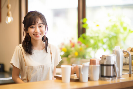 カフェで働く笑顔の若い女性店員