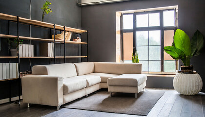 beige interior, White loveseat sofa against window near dark grey wall with shelving unit. Scandinavian home interior design of modern living room