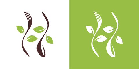 fork and spoon logo design with leaves. organic food design. icon symbol for health restaurant food - obrazy, fototapety, plakaty
