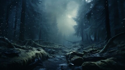 A blizzard swirling through a moonlit, tranquil forest
