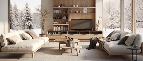 Stylish Scandinavian living room with tv stand and accent wooden coffee table. Open windows with views of the winter landscape around them - Generative Ai
