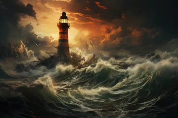 Foto op Aluminium A lighthouse standing tall against a stormy sea backdrop. © furyon