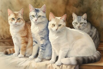 Watercolor painting of four cats. Generative AI