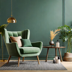 Bright and cozy modern living room interior with green armchair and decoration room on empty dark green wall background.
