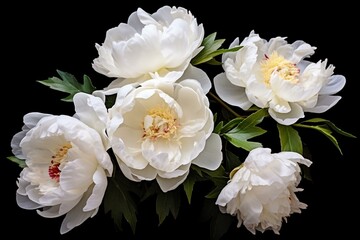 Elegant white peonies on black background. Beautiful floral background. Generative AI