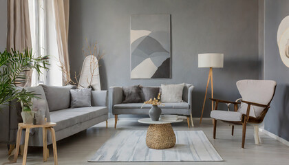 Chic living room interior in gray colors