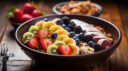 Acai bowl topped with vibrant tropical fruits
