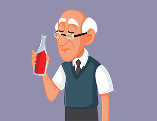 Old Man Drinking Suffering from Addiction Vector Illustration. Drunk grandpa feeling sad, depressed and addicted to alcohol
