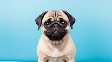 Obraz premium Pug Dog's Serendipitous Stance Isolated on Light Blue Background, a Surprise from Generative AI