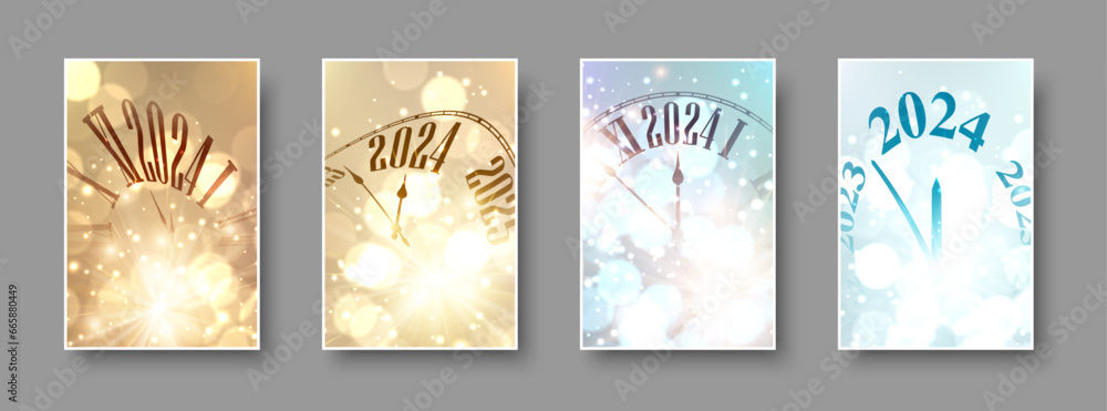 Poster happy new year 2024 countdown clock on golden and blue abstract glittering background with blurred s